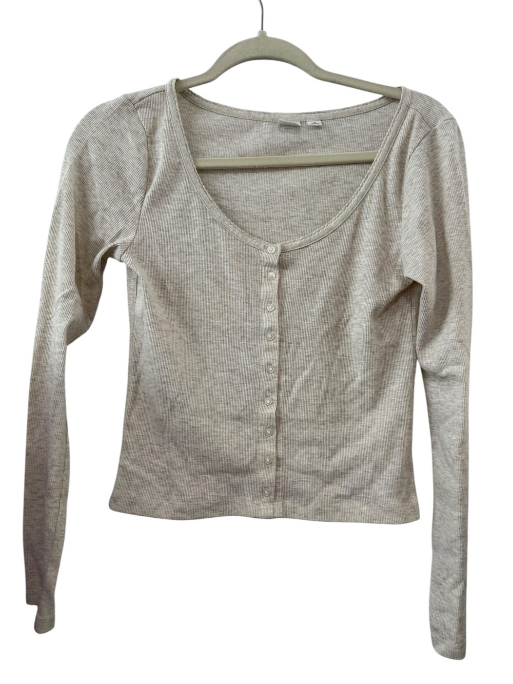 GAP Small Ribbed Cropped Henley Top Beige Long Sleeve Fitted Stretch